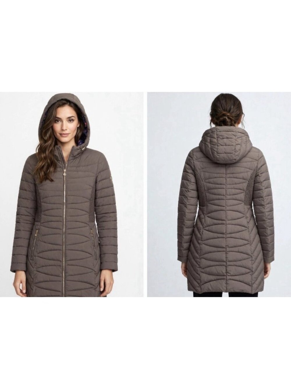 New Bernardo Taupe Hooded Quilted Packable Long Walker Coat Puffer Jacket